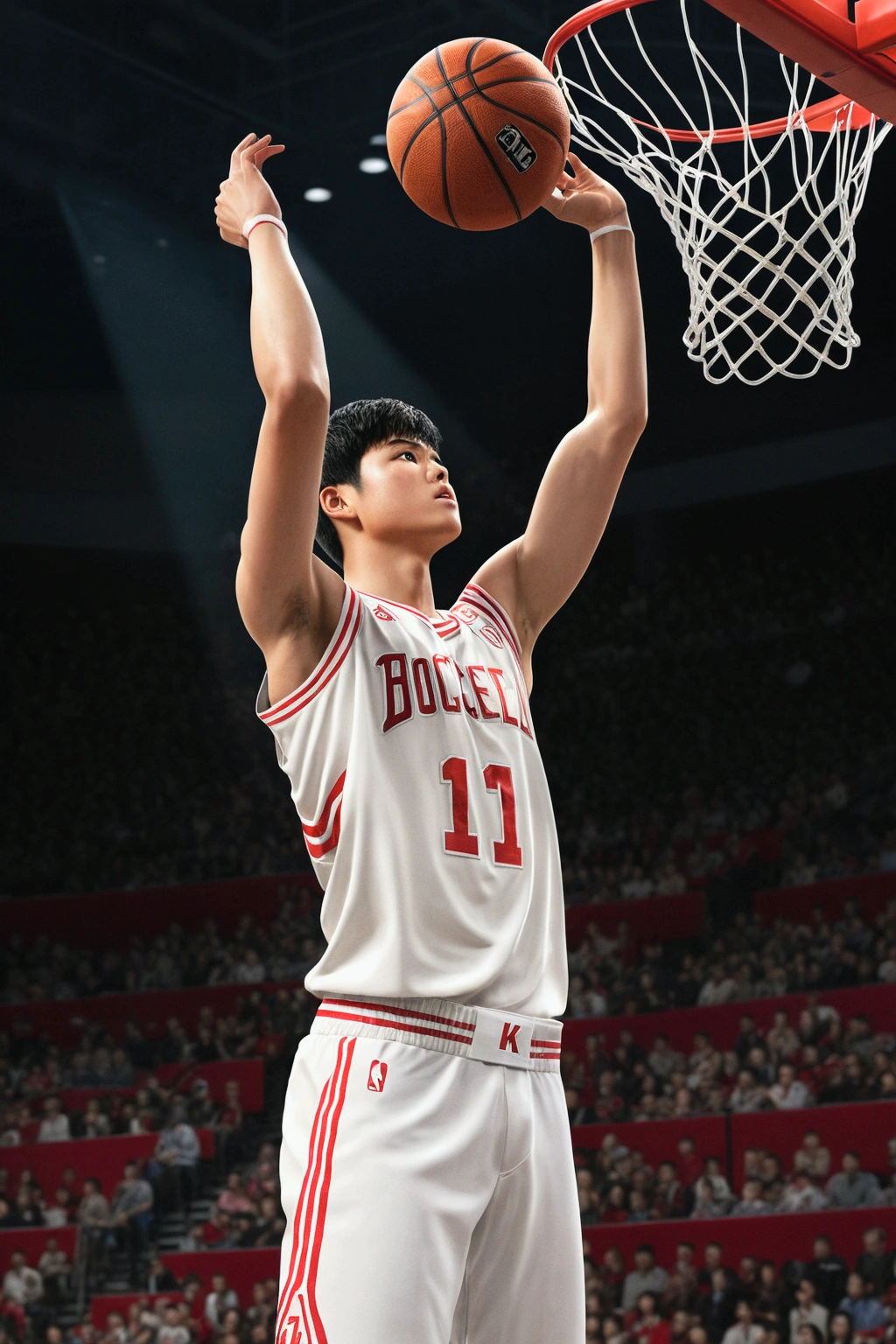 1boy, Shohei Ohtani, basketball player, dunk shoot, from below, cinematic angle, audience well up, detailed facial features, realistic, hyper-realistic, photorealistic, (best quality,4k,8k,highres,masterpiece:1.2),ultra-detailed,(realistic,photorealistic,photo-realistic:1.37),studio lighting,vivid colors,dramatic lighting,