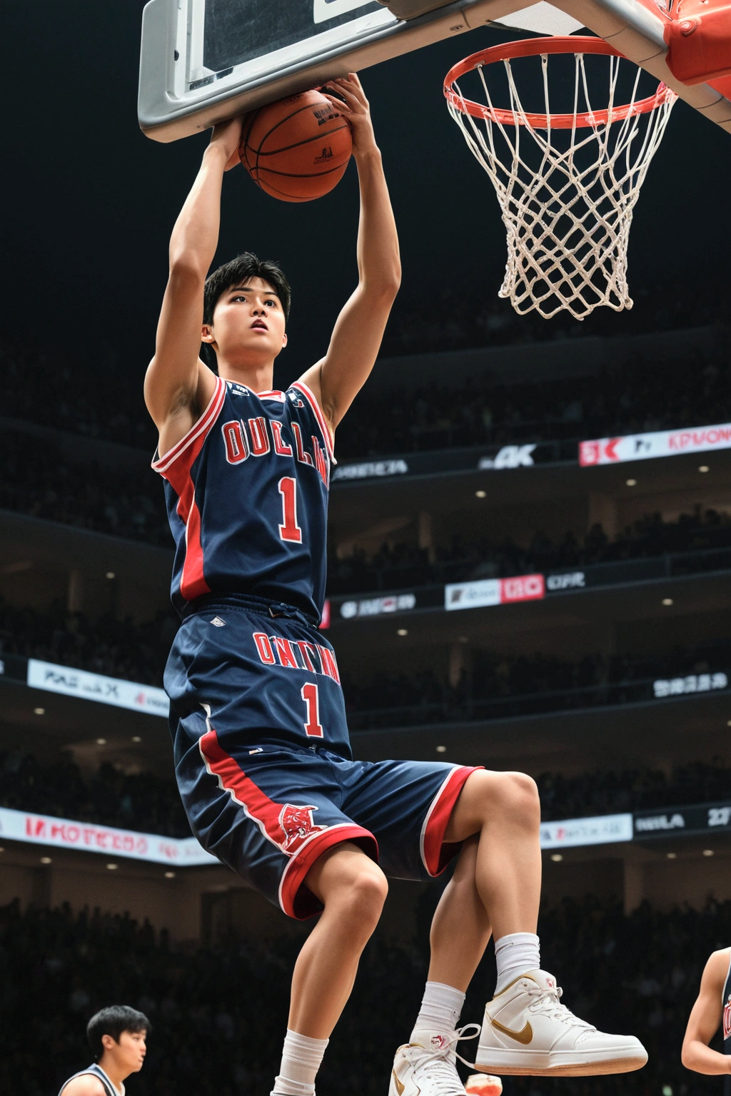 1boy, Shohei Ohtani, basketball player, dunk shoot, from below, cinematic angle, audience well up, detailed facial features, realistic, hyper-realistic, photorealistic, (best quality,4k,8k,highres,masterpiece:1.2),ultra-detailed,(realistic,photorealistic,photo-realistic:1.37),studio lighting,vivid colors,dramatic lighting,