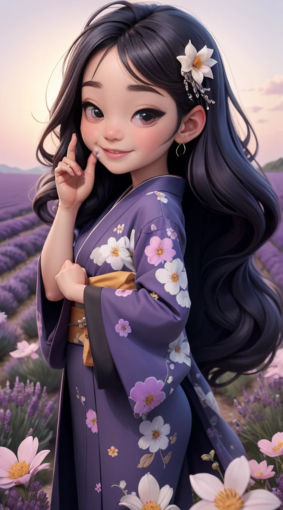 Create a baby chibi version of the Alice character in an 8K resolution. As a coloring book, the color should be black and white, the border should be simple, with the same line thickness, clear, and bold. A beautiful Asian girl with long, flowing black hair adorned with a delicate [lavender hair ornament] is strolling through the picturesque [lavender fields] of Furano, Hokkaido. She is wearing a stunning [kimono with lavender pattern], the vibrant purple colors contrasting with the vast expanse of blooming lavender. The girl's expression exudes a sense of tranquility and joy as she immerses herself in the beauty of the fragrant flowers, It's sunny, Detailed eyes, clear outlines, kawaii pose, A smile, Raise your right hand, Eye Up, Laugh, radiant light, Taken from the side. She should look adorable and cute. Give him a smiling expression and a sweet smile on his face, capturing the essence of the character in a delicate and charming way.