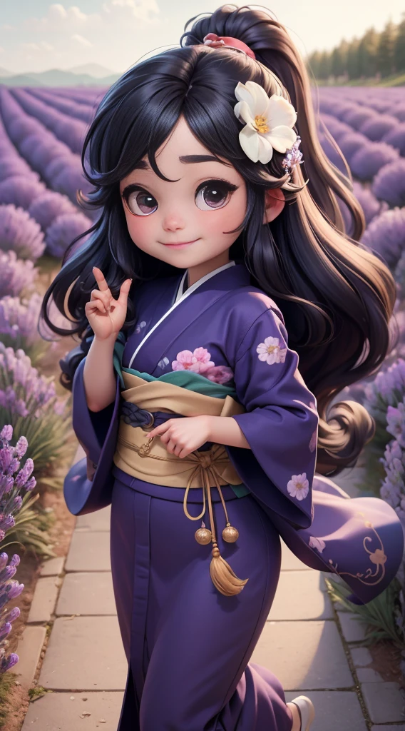 Create a baby chibi version of the Alice character in an 8K resolution. As a coloring book, the color should be black and white, the border should be simple, with the same line thickness, clear, and bold. A beautiful Asian girl with long, flowing black hair adorned with a delicate [lavender hair ornament] is strolling through the picturesque [lavender fields] of Furano, Hokkaido. She is wearing a stunning [kimono with lavender pattern], the vibrant purple colors contrasting with the vast expanse of blooming lavender. The girl's expression exudes a sense of tranquility and joy as she immerses herself in the beauty of the fragrant flowers, It's sunny, Detailed eyes, clear outlines, kawaii pose, A smile, Raise your right hand, Eye Up, Laugh, radiant light, Taken from the side. She should look adorable and cute. Give him a smiling expression and a sweet smile on his face, capturing the essence of the character in a delicate and charming way.