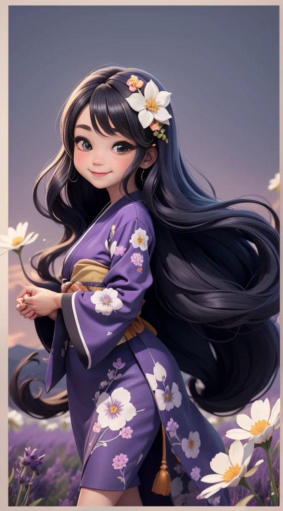 Create a baby chibi version of the Alice character in an 8K resolution. As a coloring book, the color should be black and white, the border should be simple, with the same line thickness, clear, and bold. A beautiful Asian girl with long, flowing black hair adorned with a delicate [lavender hair ornament] is strolling through the picturesque [lavender fields] of Furano, Hokkaido. She is wearing a stunning [kimono with lavender pattern], the vibrant purple colors contrasting with the vast expanse of blooming lavender. The girl's expression exudes a sense of tranquility and joy as she immerses herself in the beauty of the fragrant flowers, It's sunny, Detailed eyes, clear outlines, kawaii pose, A smile, Raise your right hand, Eye Up, Laugh, radiant light, Taken from the side. She should look adorable and cute. Give him a smiling expression and a sweet smile on his face, capturing the essence of the character in a delicate and charming way.