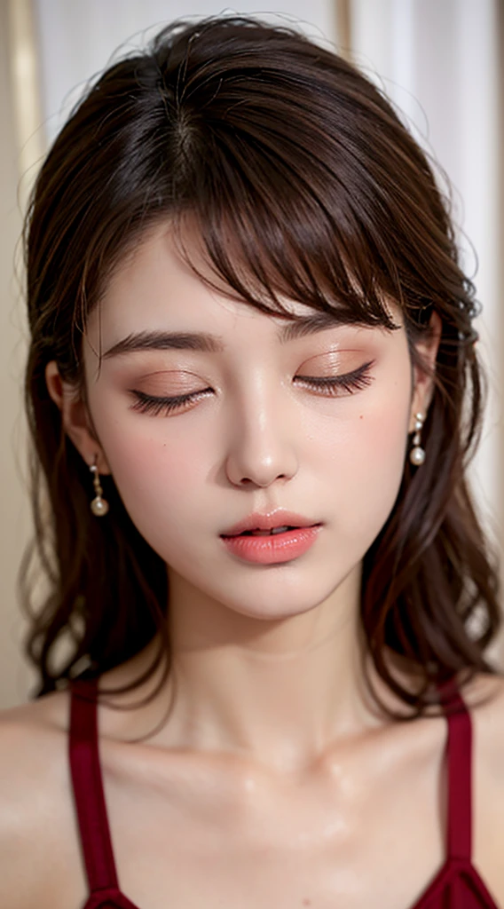 (24 year old lover), (Big Breasts:1.3),Showing small areola,On the bed, (Maximum resolution: 1.4), (super high quality: 1.2), Cinematic Light, super high quality,My cheeks are red.:1.2、 (Beautiful eyes and skin), (Detailed facial features), 8k resolution, Perfect Style, Beautiful expression、Highly detailed face and skin texture、Detailed eyes、double eyelid、Glitter Eyeliner:1.2、Glowing Skin、pure White skin:1.8、White skin:1.8、Red lipstick、Dark lipstick:1.2、Shiny small earrings、Wet lips:1.2,Glossy Lips:1.2、(Straight Hairstyles、Light brown hair)、(Look forward:1.2),Long Hair、(Close your eyes and ask for a kiss:1.3),From above, ((One-length haircuts)),, Exposed cleavage, look up, Please lift your chin, Please open your mouth a little, Wait for a kiss, stick out your tongue a little, Look up
