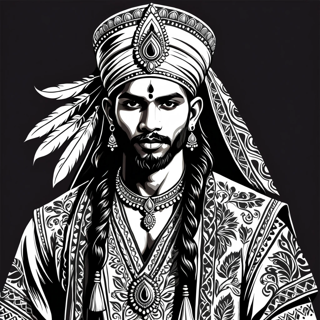 man in indian folk outfit, vector graphics, strong contours
