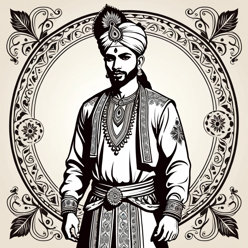 man in indian folk outfit, vector graphics, strong contours