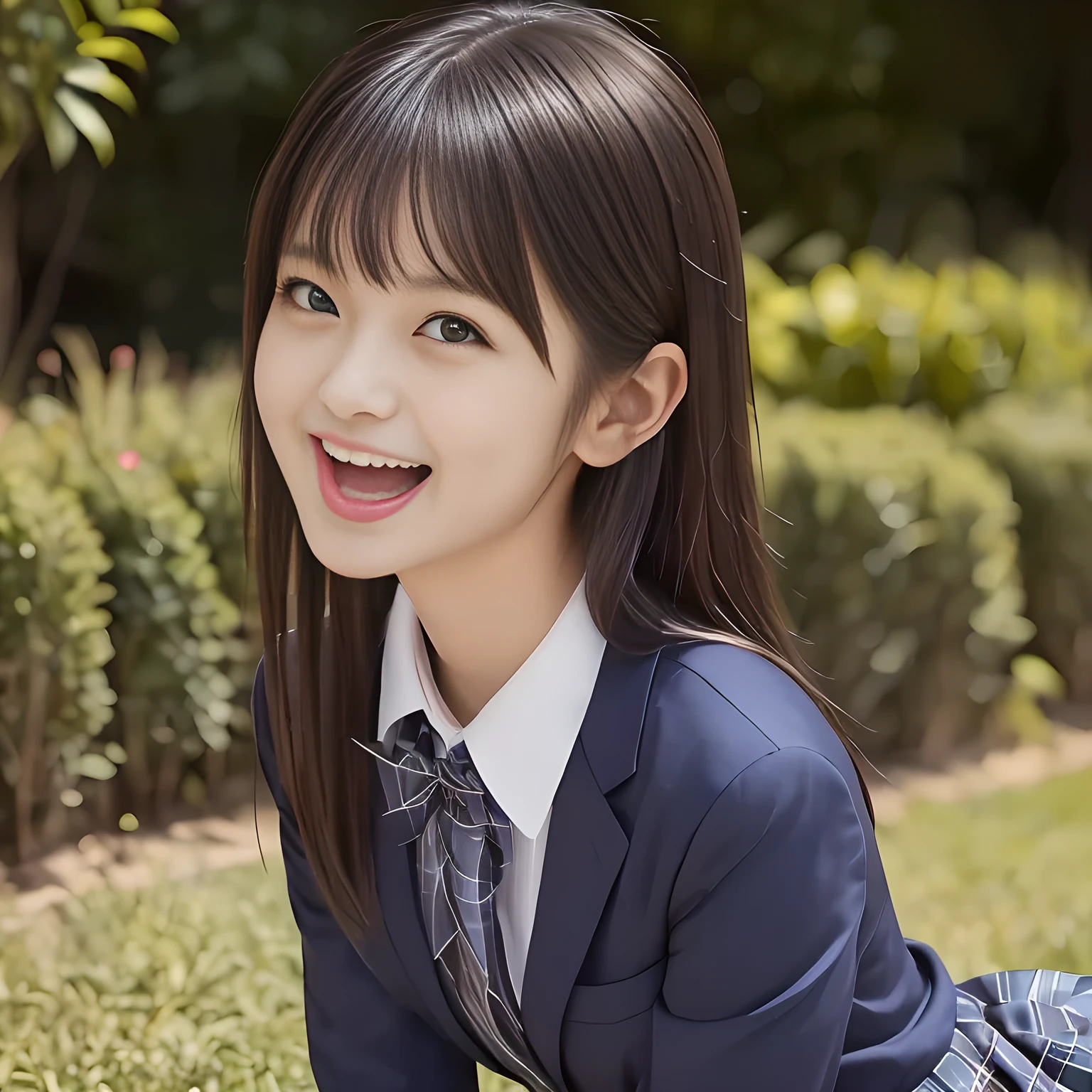 (Highest quality, masterpiece:1.2), Highest quality, High resolution, 1080P, 8k, height: 165cm, ((A noble and intelligent succubus who looks like a best proportion Japanese young lady is magically hypnotizing the viewer)), ((So sweet, very noble, cute and pretty Japanese beautiful cute girl)), ((A real, very girly, sweet, cute and noble girl)), ((((A beautiful Japanese cute fashion model)))), ((((Very pure white face and limbs)))), Glossy Lips, (Evenly cut bangs), ((Very beautiful, droopy, cute, pure, noble brown eyes)), ((Super long, straight black hair that reaches the floor)), (Very shiny, glossy Lips), ((Beautiful straight hair like a hair model)), Watch at you, ((Incredibly well organized, Rich facial expressions)), ((Plump and beautiful white skin and face)), ((Pure, clear, gentle brown eyes)), ((staring at me)), Glossy Lips, ((noble and elegant)), ((As the succubus charms you with her magic and giggles)), ((((Succubus is fascinating, calling to the depths of eternity)))), Very beautiful blue skirt, ((Large upward-curving lips)), ((Look directly at the viewer)), White Hand, (((Navy Japanese school blazer with noble emblem))), ((Navy and sapphire blue Japanese school uniform)), ((Tartan check pattern pleated long skirt)), ((Blue string ribbon tie)), ((((An ecstatic expression of boundless joy)))), ((fantastical white garden background)), ((Evilly moving tongue)), (((Promotional image of shampoo and hair conditioner))), ((turning around and trying to kiss me as a succubus))