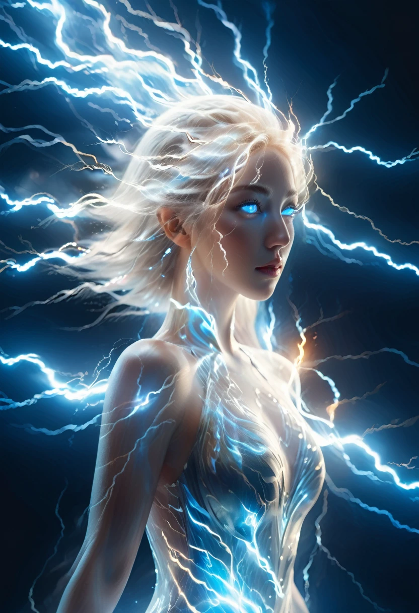 composed of elements of thunder,thunder,electricity,Create a spectral woman with a (translucent appearance:1.3),Her form is barely tangible,with a soft glow emanating from her gentle contours,The surroundings subtly distort through her ethereal presence,casting a dreamlike ambiance,(white hair:0.1),((BLUE eyes)),((glowing)),fire element,composed of fire elements,