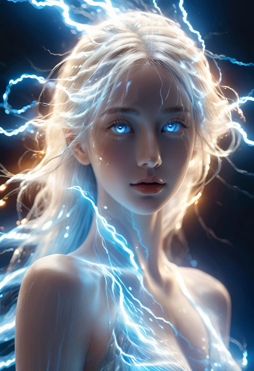 composed of elements of thunder,thunder,electricity,Create a spectral woman with a (translucent appearance:1.3),Her form is barely tangible,with a soft glow emanating from her gentle contours,The surroundings subtly distort through her ethereal presence,casting a dreamlike ambiance,(white hair:0.1),((BLUE eyes)),((glowing)),fire element,composed of fire elements,