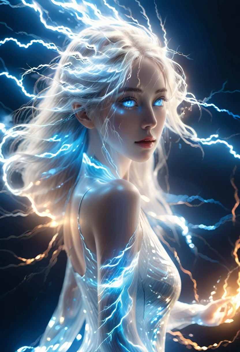 composed of elements of thunder,thunder,electricity,Create a spectral woman with a (translucent appearance:1.3),Her form is barely tangible,with a soft glow emanating from her gentle contours,The surroundings subtly distort through her ethereal presence,casting a dreamlike ambiance,(white hair:0.1),((BLUE eyes)),((glowing)),fire element,composed of fire elements,