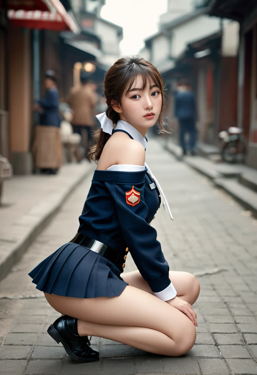 Nsfw:1.3, (spread leg), squat, 最high quality, masterpiece, High resolution, One girl, uniform, small, Flat Chest, clavicle, Off-the-shoulder exquisite look, Realistic, Real People, (Skin with attention to detail: 1.4), SLR, Soft Light, high quality, photograph, High resolution, Background blur, Vintage Street,sex,nsfw,