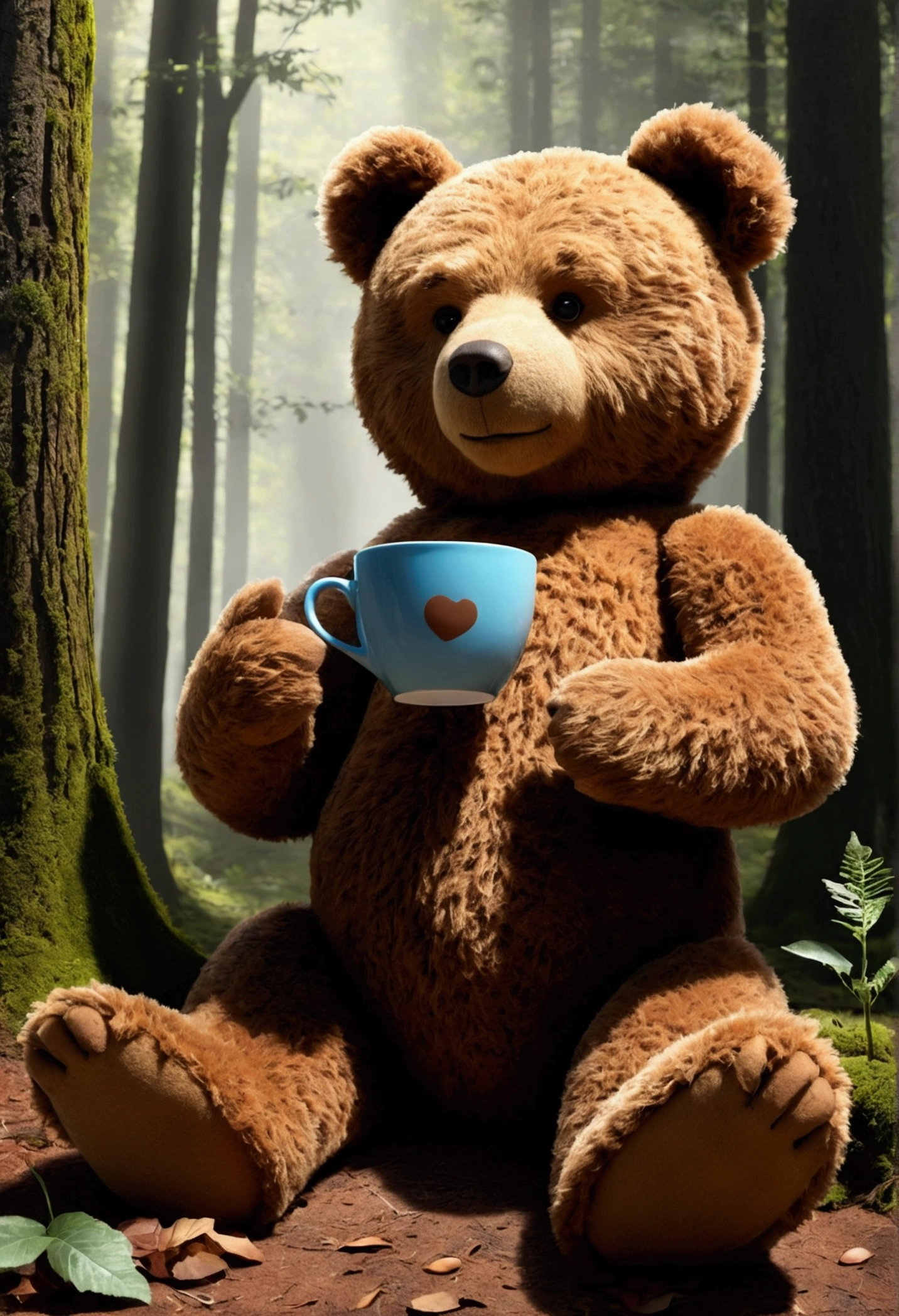 Create a realistic drawing of a brown teddy bear., Ted style, hand painted,shadow, In the forest with a magic ball, holding a coffee cup