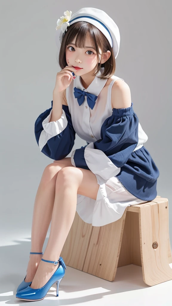 uekura, One girl, Blonde Hair, White Background, Have, dress, Blue footwear, wing, Simple Background, sign, flower, Manicure, Wide sleeves, Long sleeve, blush, animal, white flower, alone, whole body, bird, View Viewer, High heels, Put your hand on your cheek, put your hand on your face, Frills, bow, bangs, ribbon, Bell, Blue hat, +_+, shoes, short hair, Grey Eyes, shoes, Blue Claws, feathered wing, blue bow,