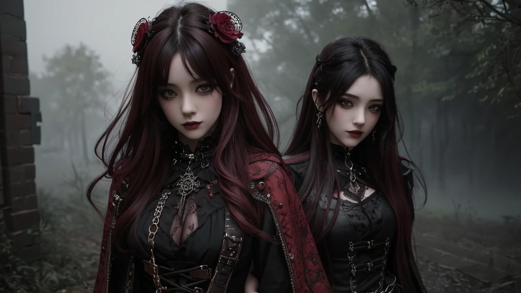 maximum quality、8k、Masterpiece artwork:16.9、gothic punk、red internal color、A brunette、hair ornaments、a beautiful girl、creative、dark fantasy style、Gothic Neogooda:16.9, a sexy girl made up sexual showing all her sexuality, steampunk style, a ghostly girl and half fog with blood particles
