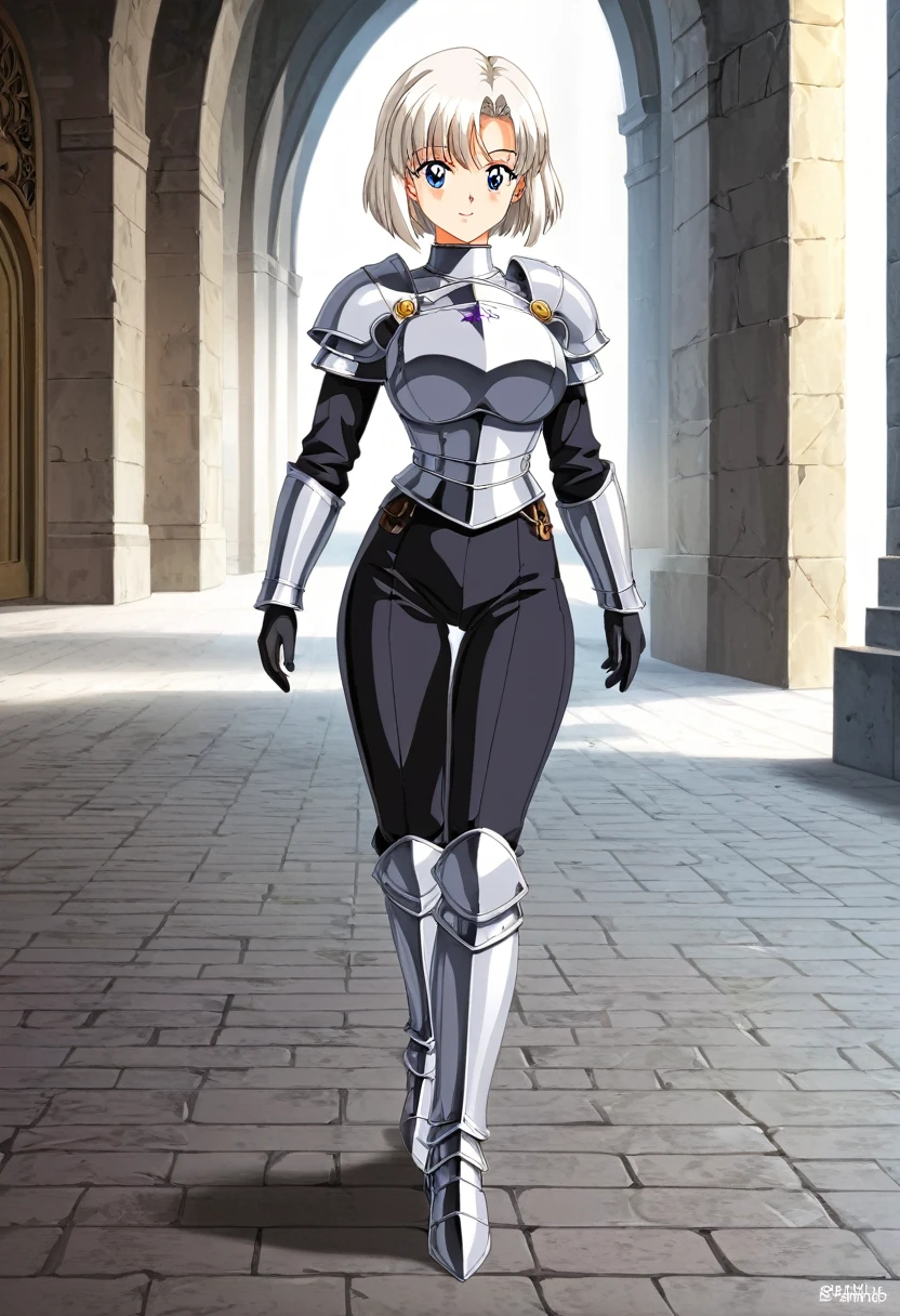 (((masterpiece))), (((best quality))), ((ultra-detailed)), (cinematic lighting), (illustration), (beautiful detailed eyes), (1girl), full body, knight, armour, light hair, best quality, expressive eyes, perfect face, Girl: (20s, white hair, short hair, black jumpsuit, grey and blue armour), walking, dungeon, brick floor, stone floor, urushisato, retro_rocket
