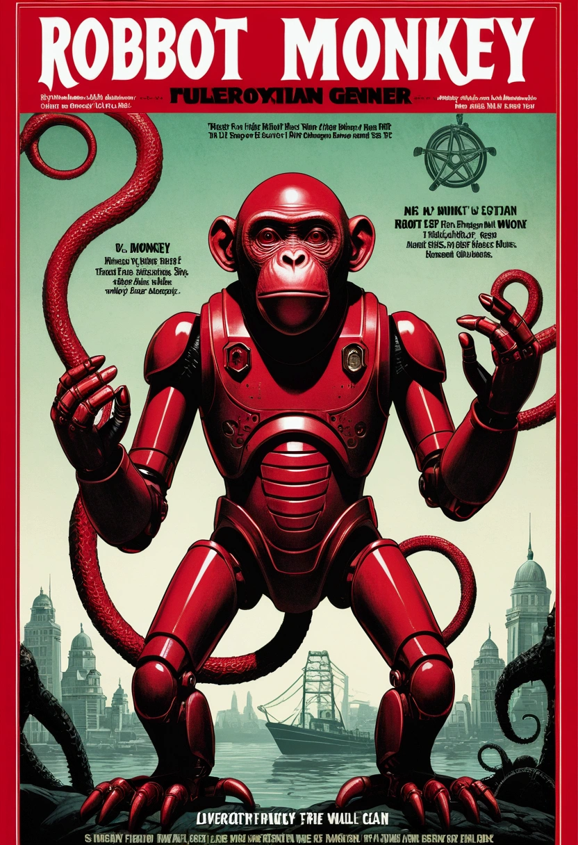 Robot Monkey, magazine cover, Poster Art , Lovecraftian horror genre, Light crimson, Bold large text, Matte design layout.