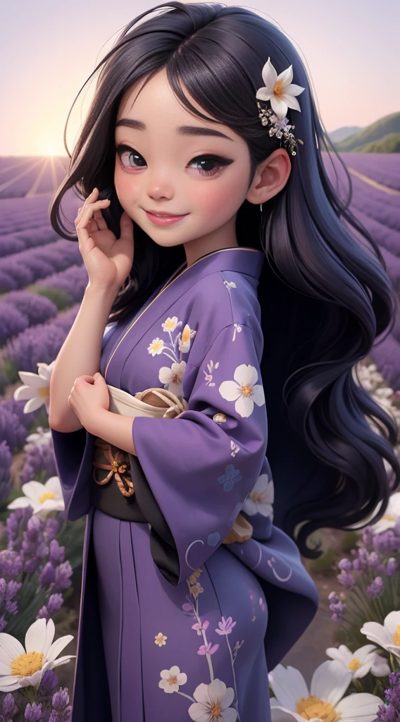 Create a baby chibi version of the Alice character in an 8K resolution. As a coloring book, the color should be black and white, the border should be simple, with the same line thickness, clear, and bold. A beautiful Asian girl with long, flowing black hair adorned with a delicate [lavender hair ornament] is strolling through the picturesque [lavender fields] of Furano, Hokkaido. She is wearing a stunning [kimono with lavender pattern], the vibrant purple colors contrasting with the vast expanse of blooming lavender. The girl's expression exudes a sense of tranquility and joy as she immerses herself in the beauty of the fragrant flowers, It's sunny, Detailed eyes, clear outlines, kawaii pose, A smile, Raise your right hand, Eye Up, Laugh, radiant light, Taken from the side. She should look adorable and cute. Give him a smiling expression and a sweet smile on his face, capturing the essence of the character in a delicate and charming way.