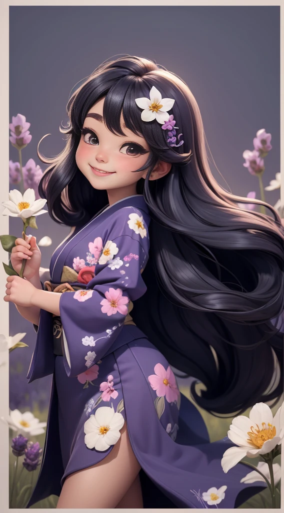 Create a baby chibi version of the Alice character in an 8K resolution. As a coloring book, the color should be black and white, the border should be simple, with the same line thickness, clear, and bold. A beautiful Asian girl with long, flowing black hair adorned with a delicate [lavender hair ornament] is strolling through the picturesque [lavender fields] of Furano, Hokkaido. She is wearing a stunning [kimono with lavender pattern], the vibrant purple colors contrasting with the vast expanse of blooming lavender. The girl's expression exudes a sense of tranquility and joy as she immerses herself in the beauty of the fragrant flowers, It's sunny, Detailed eyes, clear outlines, kawaii pose, A smile, Raise your right hand, Eye Up, Laugh, radiant light, Taken from the side. She should look adorable and cute. Give him a smiling expression and a sweet smile on his face, capturing the essence of the character in a delicate and charming way.