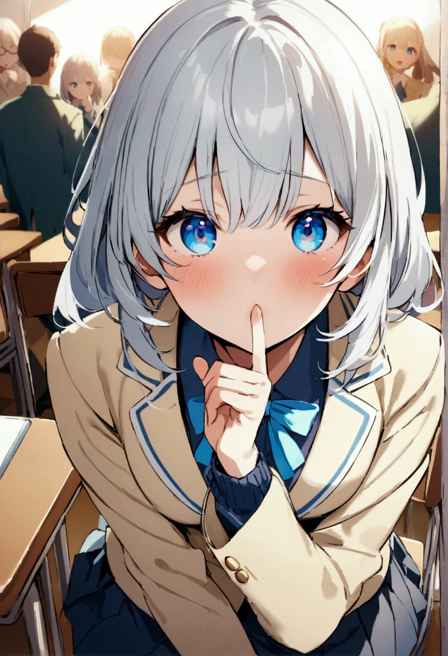 high resolution、High Precision、High school classroom、In calm colors、Beige blazer、Navy blue jumper skirt、Silver hair with a thin ribbon、Blue Eyes、Tsundere、Put your finger to your mouth