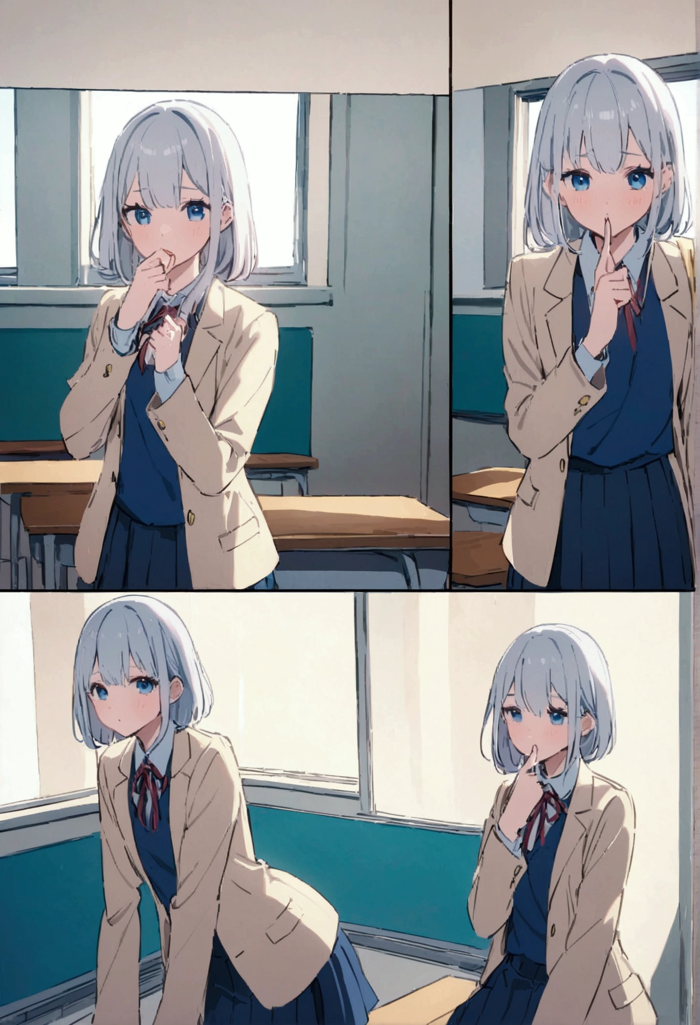 high resolution、High Precision、High school classroom、In calm colors、Beige blazer、Navy blue jumper skirt、Silver hair with a thin ribbon、Blue Eyes、Tsundere、Put your finger to your mouth