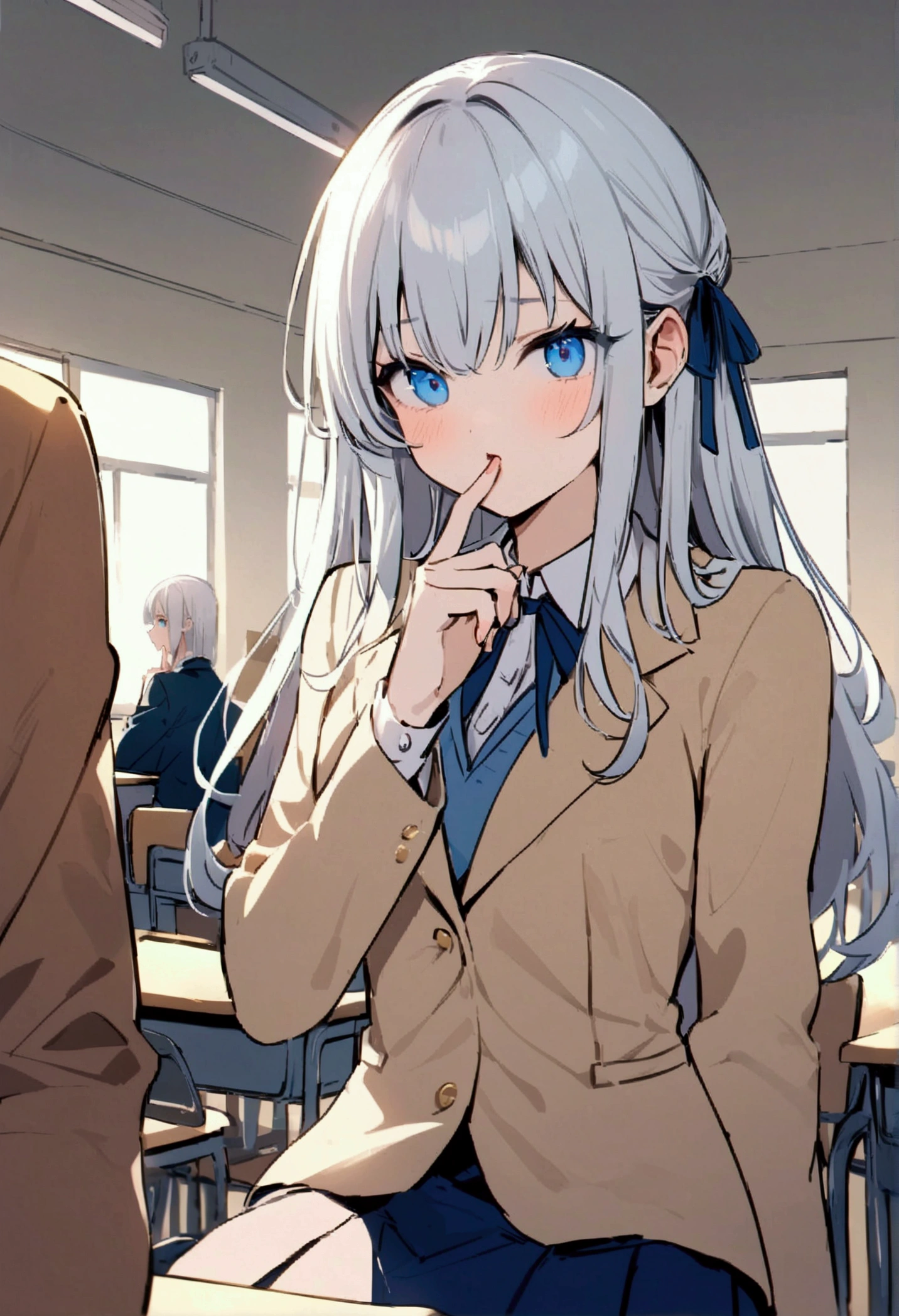 high resolution、High Precision、High school classroom、In calm colors、Beige blazer、Navy blue jumper skirt、Silver hair with a thin ribbon、Blue Eyes、Tsundere、Put your finger to your mouth
