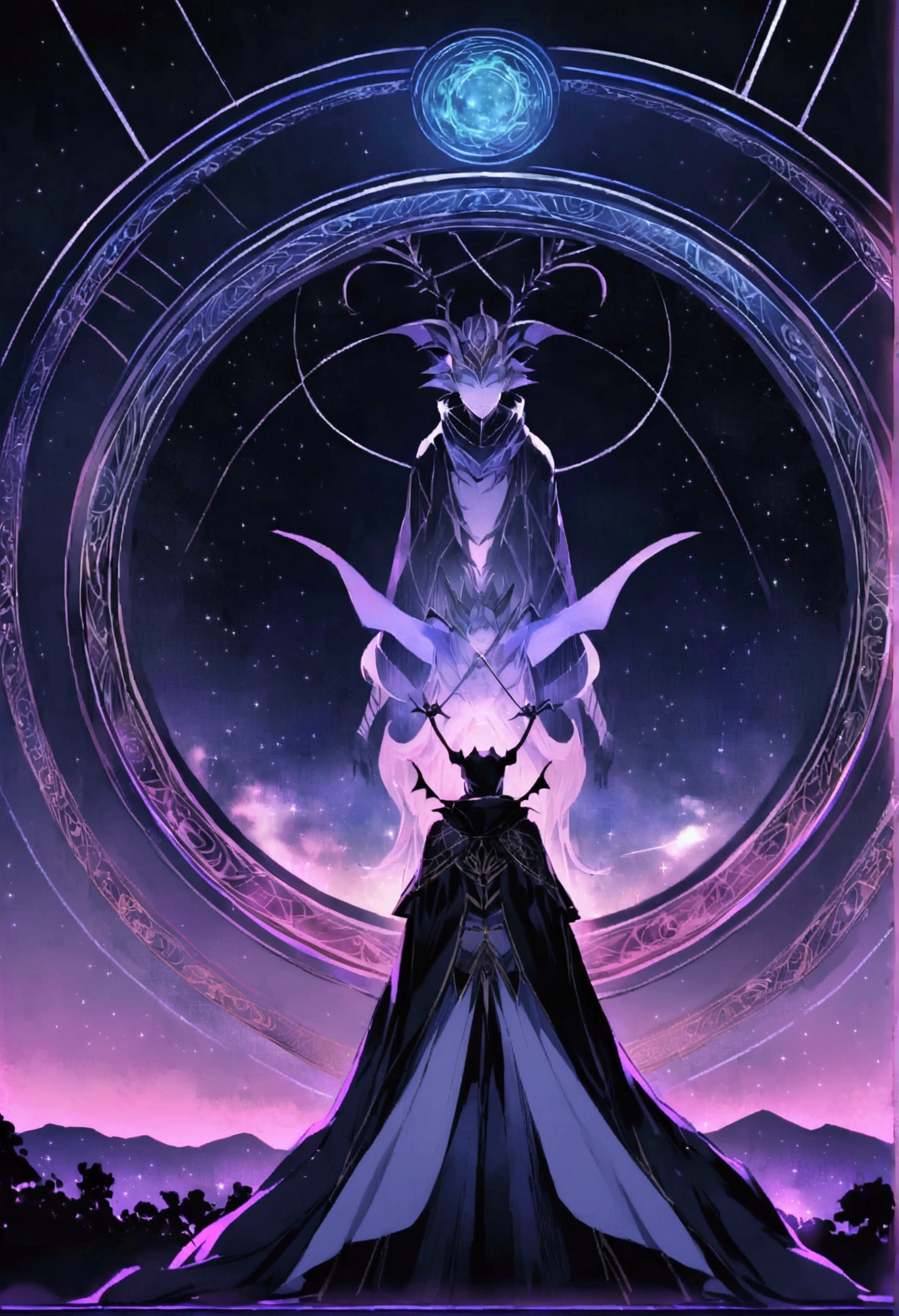 A man looks up at the starry sky with a demon standing behind him,Costume,Night view of Chang'an City,The Glory of the Magic Circle,The character is at the bottom of the screen,Long-range photos,