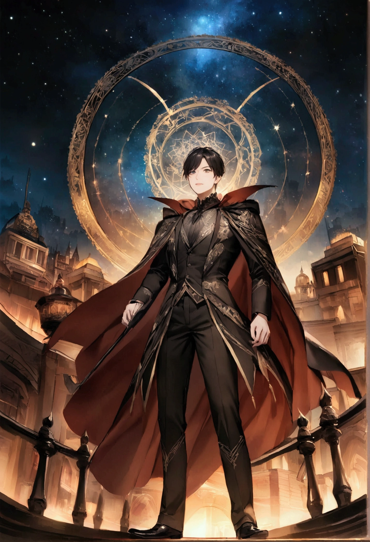 A man looks up at the starry sky with a demon standing behind him，Costume，Night view of Chang'an City，The Glory of the Magic Circle，The character is at the bottom of the screen，Long-range photos，