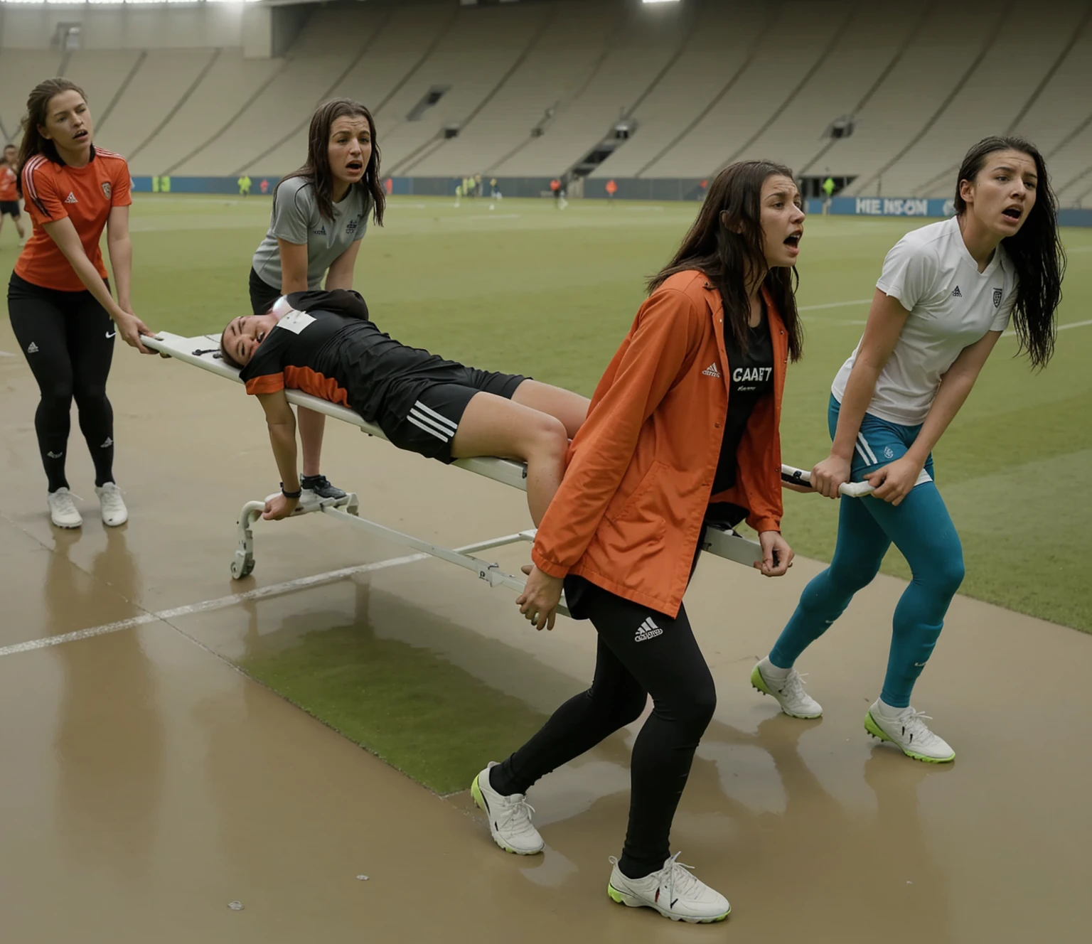 a soccer scene in a sports stadium, cool and wet weather conditions, humide ground, rainy sky, injury scene in a sports stadium, stretcher carry, there are four female medics carrying a stretcher, there are four female medics in very shiny coats who are carrying a stretcher in a sports stadium, there is a wounded male soccer player in a matte short cotton sports outfit lying on the stretcher, an injured male soccer player in matte cotton sportswear is lying in pain on a stretcher, a soccer player in matte cotton sports clothes is rearing up in intense pain while lying on a stretcher, dramatic scene, theatralic posing scene, dramatic pity scene, injury soccer, first aid, help, pity, there are four female medics in wetlook high-shine coats who are looking very sad and very terrified and very shocked, the injured soccer player is screaming out in pain while he is carried from the pitch on a stretcher