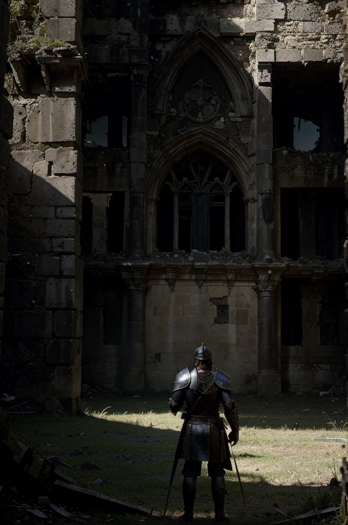 Knight, Bowed head, Ruins, Once majestic castle, Battle aftermath, War-torn, Desolation, Medieval, Armor, Melancholy, Twilight, Shadows, Epic scene, Historical fantasy, Emotional Storytelling