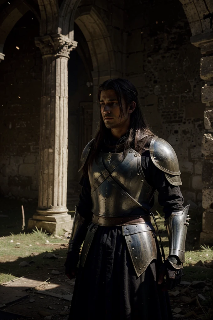 Knight, Bowed head, Ruins, Once majestic castle, Battle aftermath, War-torn, Desolation, Medieval, Armor, Melancholy, Twilight, Shadows, Epic scene, Historical fantasy, Emotional Storytelling
