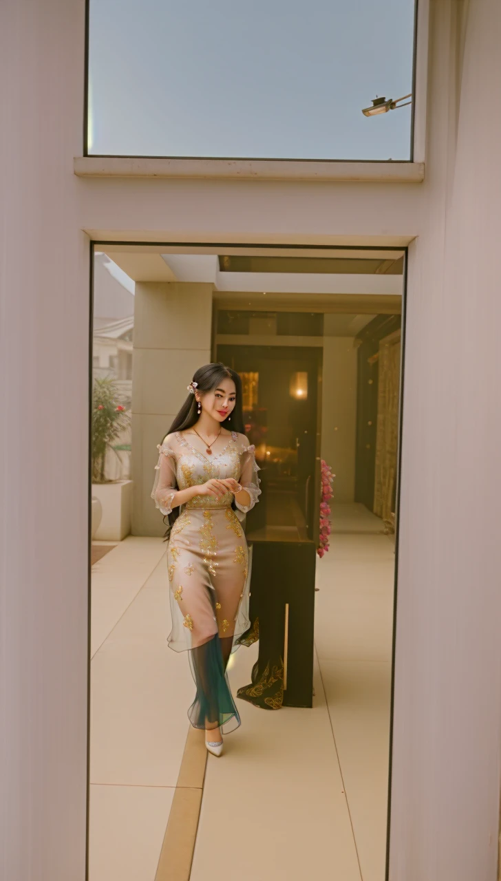 best quality, masterpiece, highres, 1girl, transparent silk china dress, beautiful face, hair ornament, looking at viewer, smile, closed mouth,lips, dress,hair ornament, necklace, jewelry, long hair, earrings, Beautiful face,upon_body, tyndall effect,photorealistic, dark studio, rim lighting, two tone lighting,(high detailed skin:1.2), 8k uhd, dslr, soft lighting, high quality, volumetric lighting, candid, Photograph, high resolution, 4k, 8k, Bokeh