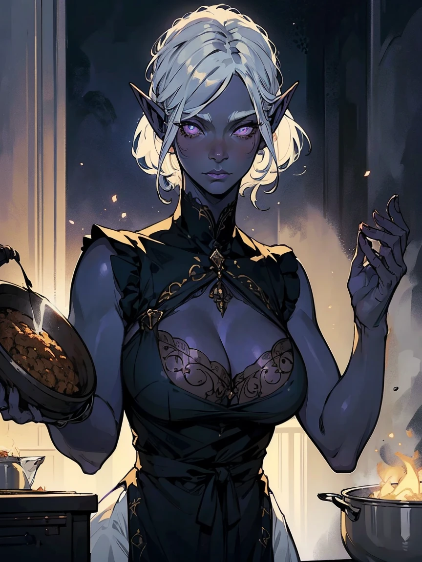 (1 girl, Short snow white hair, big purple beautiful eyes with long eyelashes, beautiful serious face, dark gray-blue skin elf, long ears, Drow), ((Cooking)), (Girl in an apron, cook), (fantasy, tavern, warm lighting, soft light, Evening atmosphere, Medieval), ((Detailed face, whole body, cookская одежда))