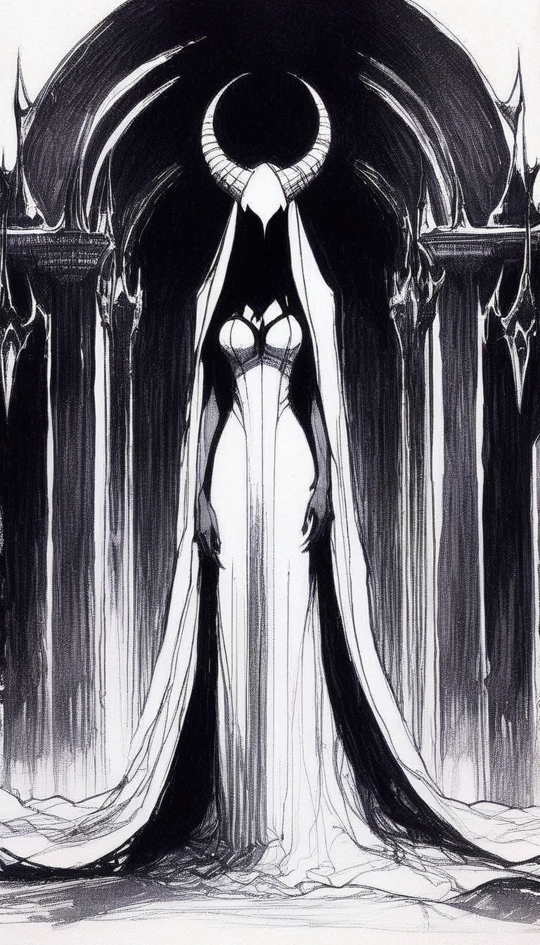 some sexy, dark, queen of hell, loneliness, magic,castle, tmari, sketch, traditional media, pen drawing, white background (art inspired by Bill Sienkiewicz). oil painting)
