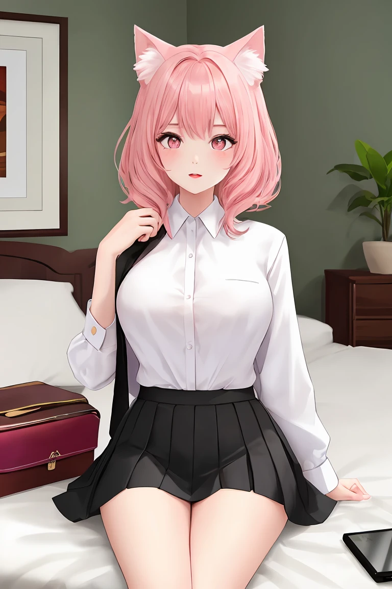 (score_9,score_8_up,score_7_up,score_6_up,score_5_up,score_4_up),masterpiece, top quality, best quality, official art, beautiful and aesthetic, animation, , 1girl with cat ear, perfect figure, pink hair, complicated details, bedroom, sitting on the bed, white shirt, pink pleated skirt ,