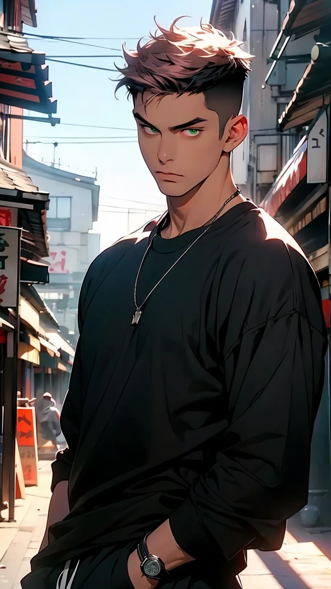 ruined, 1 man, myself, epic composition, strong man, city, market alley of a Japanese city, walks through a market alley, there are stalls to the left and right of the alley,(masterpiece, best quality: 1.2), male focus , 1 man, RyomenSukuna, trained body, hands in pockets, black sweater, sweatpants (Masterpiece:1.3),(Best Quality:1.2),8K,Absurdity,Unity 8k- Background Image,(extremely detailed:1.3),highest,high resolution,amazing,illustration,beautiful soft studio light,stunningly beautiful,incredibly absurd,vivid details,cinematic lighting,mood lighting,award winning,professional,highly detailed,informative,gazing at a viewer ,(short hair, 1 man, standing, dark pink hair, hairstyle: side cut), green eyes, male focus, spiky hair, looking at the viewer, wearing sweatpants and black shirt , sweatpants, black shirt