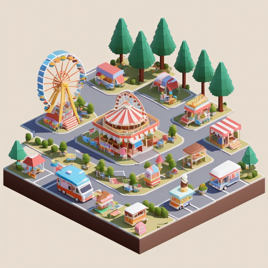 Lovely amusement park，Ferris wheel，Ice cream truck，Camping and tents，Isometric Art, 3D Isometric, Isometric pixel art，Simple background，Xiaofangzi,