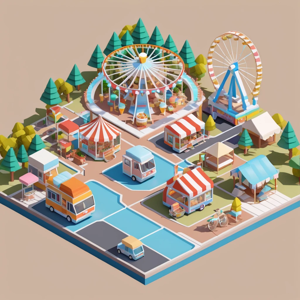 Lovely amusement park，Ferris wheel，Ice cream truck，Camping and tents，Isometric Art, 3D Isometric, Isometric pixel art，Simple background，Xiaofangzi,