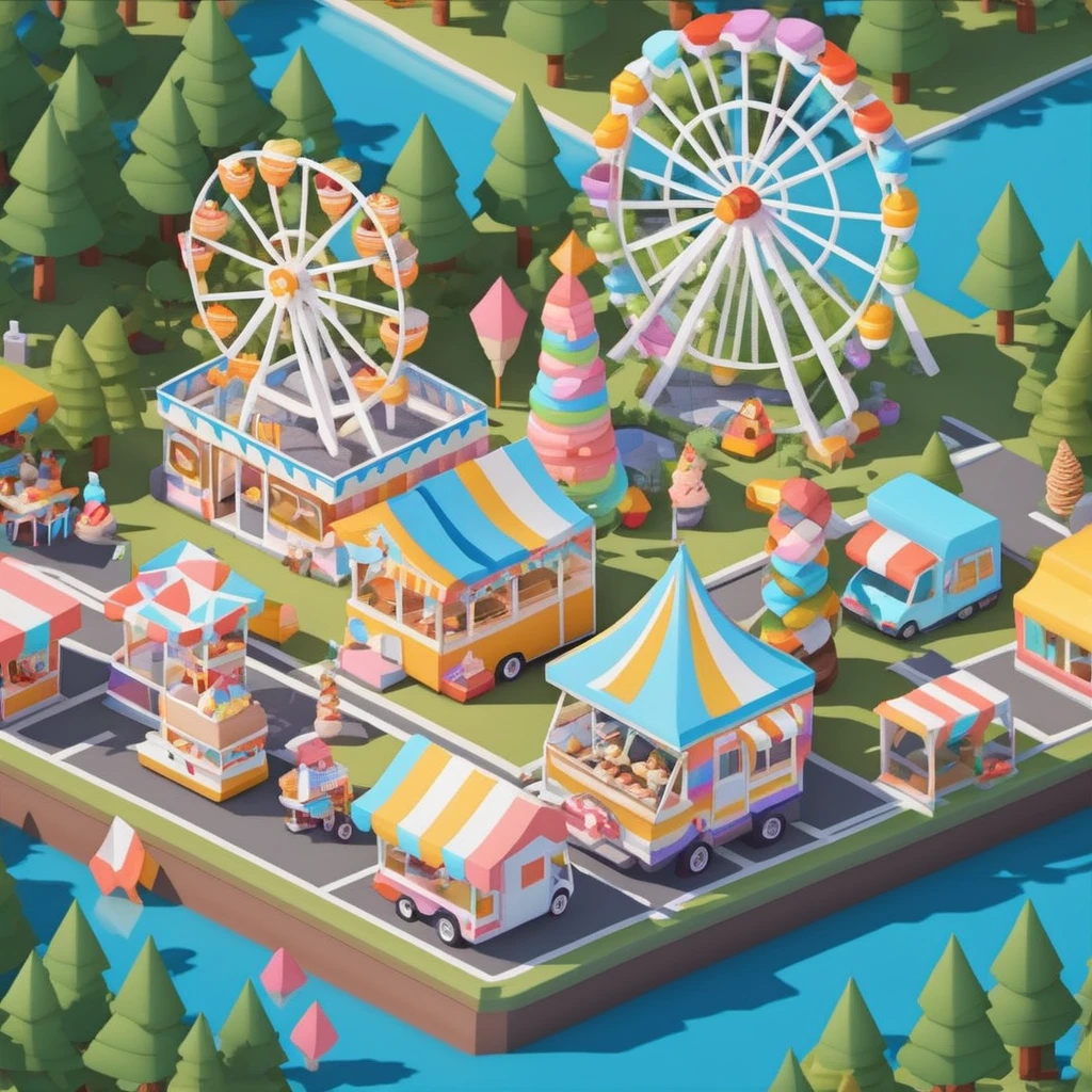 Lovely amusement park，Ferris wheel，Ice cream truck，Camping and tents，Isometric Art, 3D Isometric, Isometric pixel art，Simple background，Xiaofangzi,