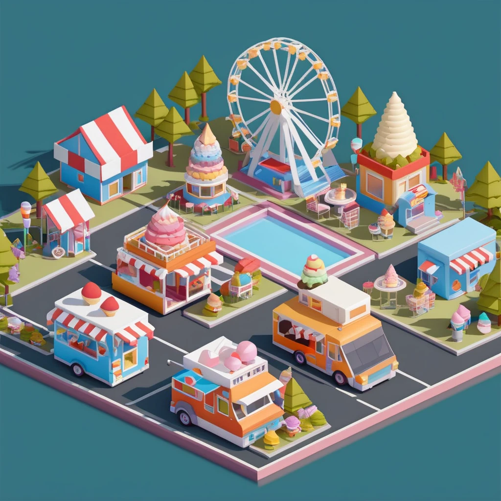 Lovely amusement park，Ferris wheel，Ice cream truck，Camping and tents，Isometric Art, 3D Isometric, Isometric pixel art，Simple background，Xiaofangzi,