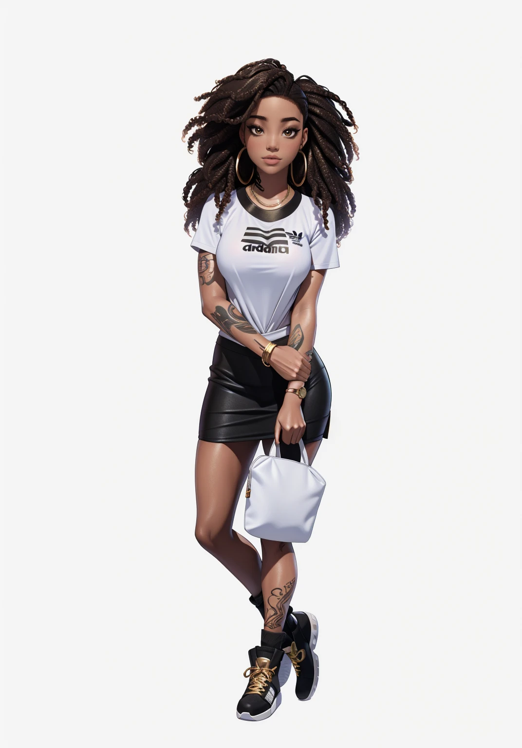 Young woman , afro hairstyle, afro, Black skirt, white T-shirt Adidas, white handbag in hand, headphones на шее, headphones, perfect sexy body, beautiful textured long flowing hair, seductive, materials, gold decoration, gold earrings, photorealistic, masterpiece, enamored, Smirks, perfect faces, harem, watercolor, Cinematic professional 8K photography with ray tracing, subsurface scattering and illumination, tattoos