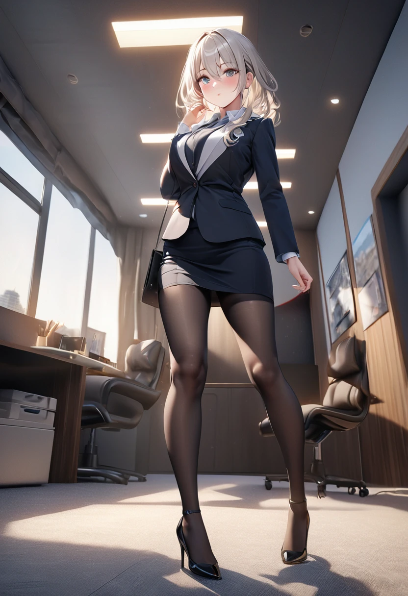 An elegant, upper-class, elite secretary in a business shirt, Working in the office、厳格なbusiness suitを着ている, Wearing pantyhose、Wear high-quality high heels、 Girl in a shirt, business suitを着用する, business suitを着用する, business suitを着て, Businesswoman, Business attire, 黒のbusiness suitを着ている, Wear a shirt and skirt, business suitを着た女性, business suit, business attire, RAW Photos, (8k、Highest quality、masterpiece:1.2)、(Intricate details:1.4)、(Photorealistic:1.4)、Octane Rendering、Complex 3D rendering with ultra-detail, Studio Soft Light, Rim Light, Vivid details, Super Detail, Realistic skin texture, Detailed aspect, Beautiful details in the eyes, Highly detailed CG Unity 16k wallpaper, compensate, (Detailed Background:1.2), Exposed thighs!!!,
