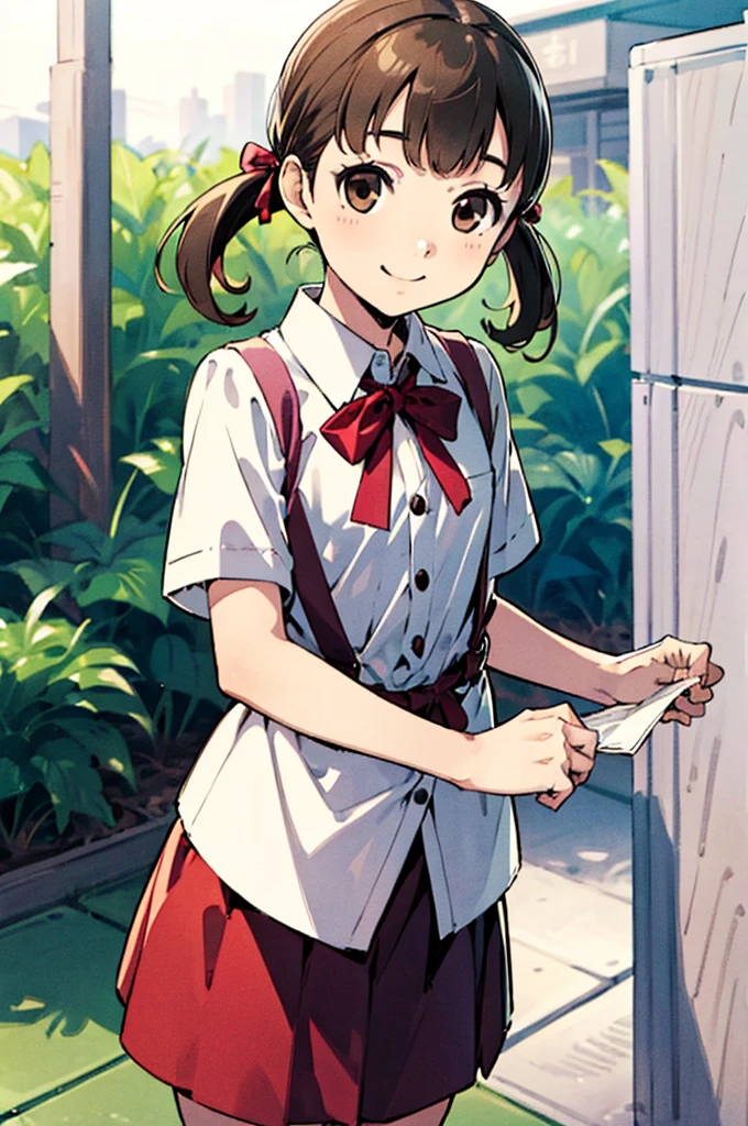 solo, smile, Nanako Doujima, short twintails, brown eyes, eva school unifrom, 1girl, solo, tokyo-3 middle ,  shirt, short sleeves, suspender skirt, neck ribbon,, ultra detailed, masterpiece, best quality,