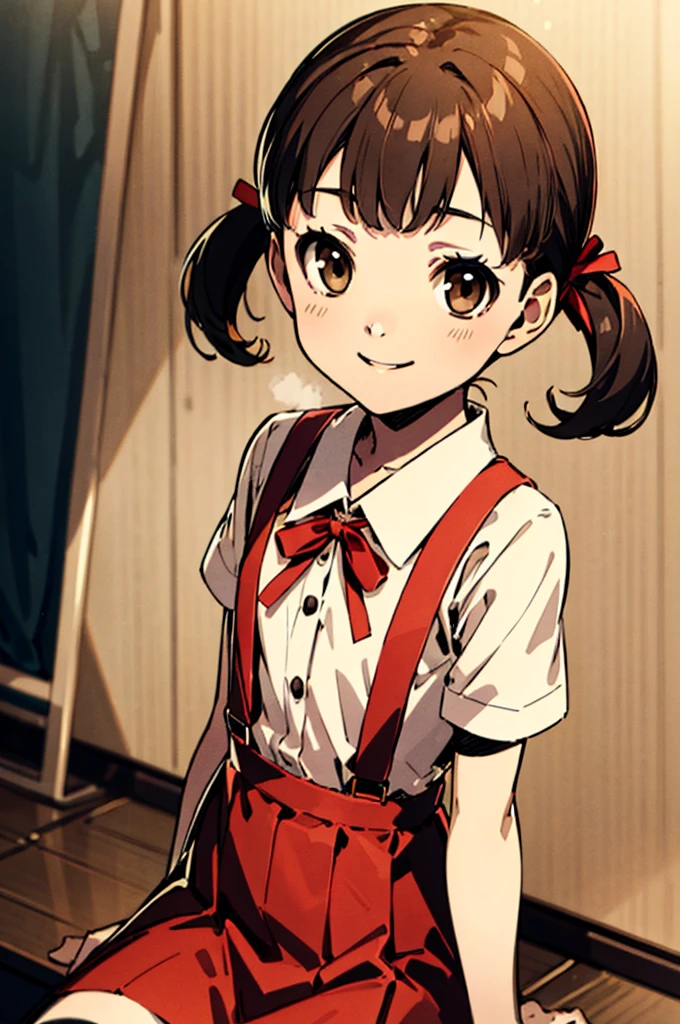 solo, smile, Nanako Doujima, short twintails, brown eyes, eva school unifrom, 1girl, solo, tokyo-3 middle ,  shirt, short sleeves, suspender skirt, neck ribbon,, ultra detailed, masterpiece, best quality,