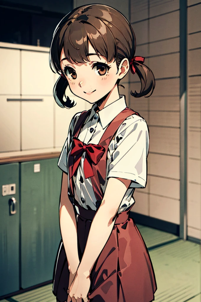 solo, smile, Nanako Doujima, short twintails, brown eyes, eva school unifrom, 1girl, solo, tokyo-3 middle ,  shirt, short sleeves, suspender skirt, neck ribbon,, ultra detailed, masterpiece, best quality,nsfw,small breasts,panties