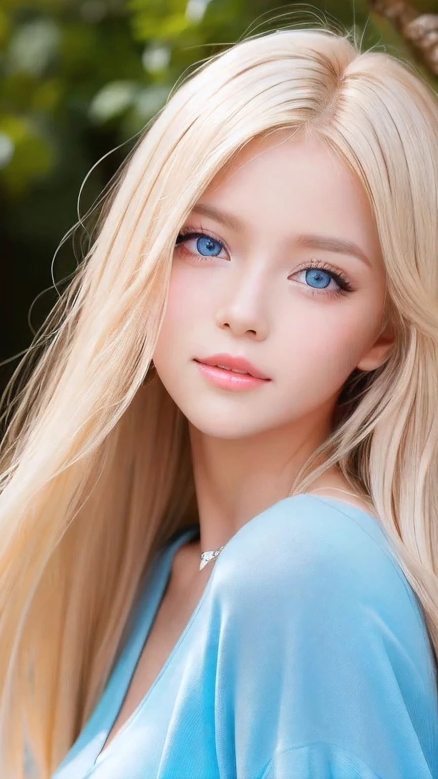 Very beautiful face、A beautiful blonde girl with a stunning beauty、Super Long Hair、windy silky blonde super long hair、Mysterious blonde、Swinging bangs that block the view、Cute sexy 16 year old blonde girl with light blue eyes、Hair above the eyes、片Hair above the eyes、Hair between the eyes、Big bright light blue eyes that shine so beautifully、eyeliner、Bright expression、Cheek gloss highlighter、Round face