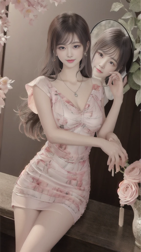 best quality,Super detailed,masterpiece,Employment,8k,Extremely detailed CG unifies 8k, 8k, diamond, and wallpaper，lifelike, Surreal, The original, Intricate details，Detailed face，Exquisite eyes, Skin smooth and soft, Delicate face, Big shining eyes，1 beautiful女孩, 18 years old， Super beautiful face details, Smiling shyly, Medium breasts, (best quality),[masterpiece],((beautiful:0.75) Cute girl:0.75),Long hair,Knees up,necklace,Jewelry,Looking at the audience,Front camera,(Floral Background:1.2),Ancient Chinese Town,old Chinese building,dusk,Sunlight,Chinese garden, Printed dress,