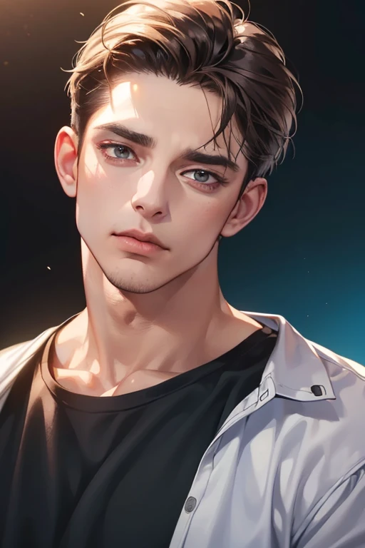 (Best quality,4K,8K,a high resolution,masterpiece:1.2),ultra detailed,(realistic,photorealistic,photo-realistic:1.37),39 year old man,Beautiful anime,portraits,strong,masculine,dark hair,Sharp jawline,Mesmerizing eyes,Perfectly styled hair,confident expression,bright colors,dynamic lighting,Brown eyes,(Black T-shirt),(dark skin),((mature man, man 40 years old)), (square jaw)