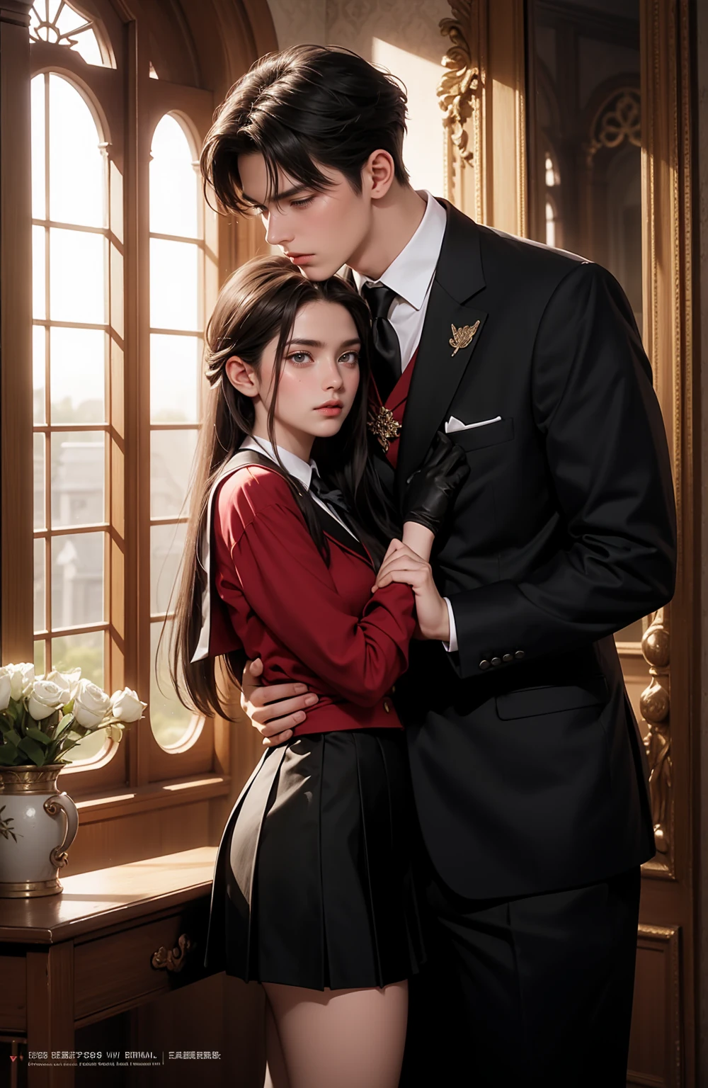 a film poster of a couple hugging each other in front of a castle, manhwa, shoujo romance, aristocratic, the flower prince, castle scene manga, delicate androgynous prince, cover manga, steam romance, romance novel cover, bloom. fantasy, sakimichan and frank franzzeta, manga cover, shoujo manga, in school witch uniform, hate to lover, student, boy an girl, love between friends, with uniform, with title "friends shouldn't act this way!", with comedy and romance genre