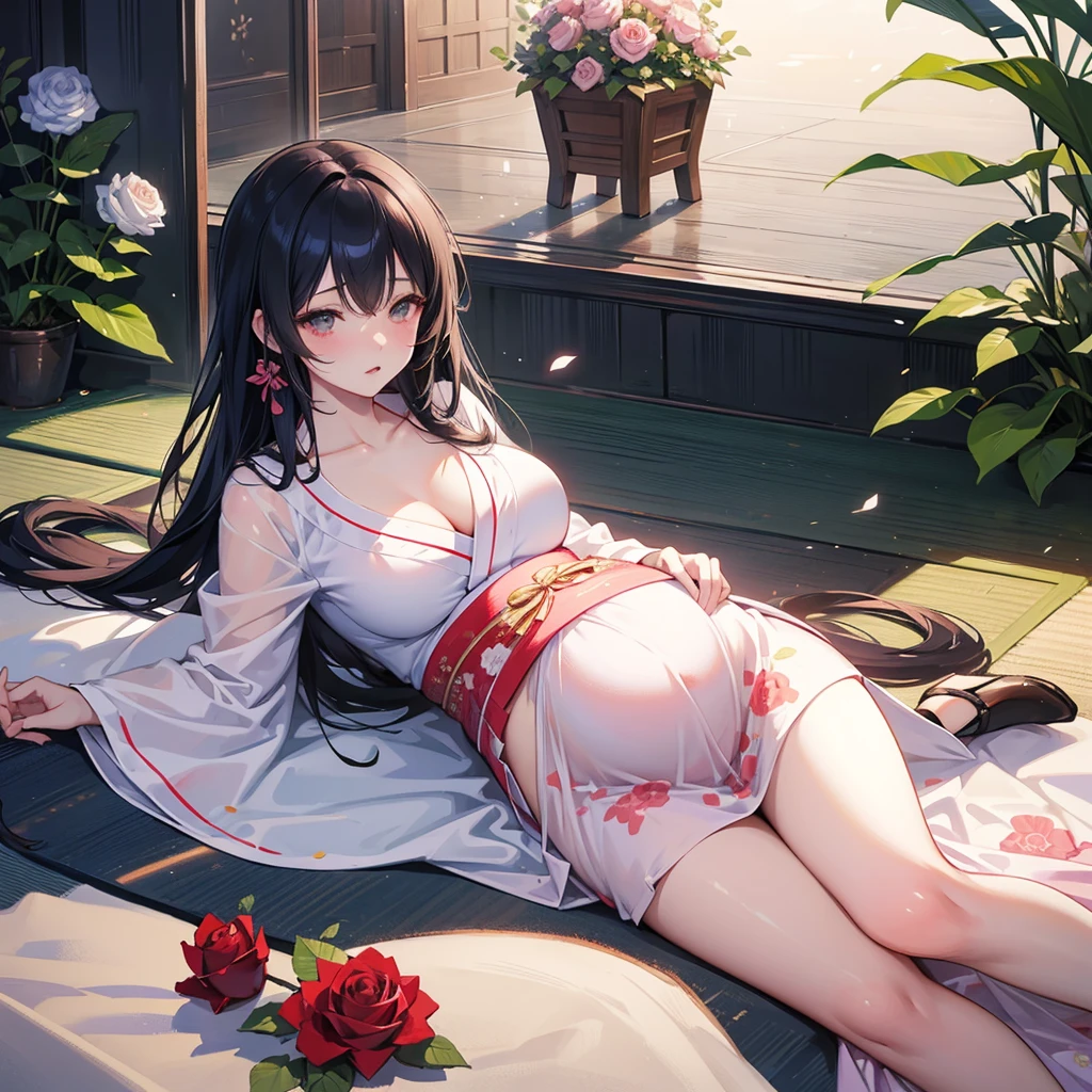 Anime scene of a woman and a woman in kimono lying on the floor, Rose Tran (ross tran) Reality, pixiv, serial art, guys, Guvez, artwork in the style of Guvez, Guvez on pixiv artstation, Guvez masterpiece,pregnant