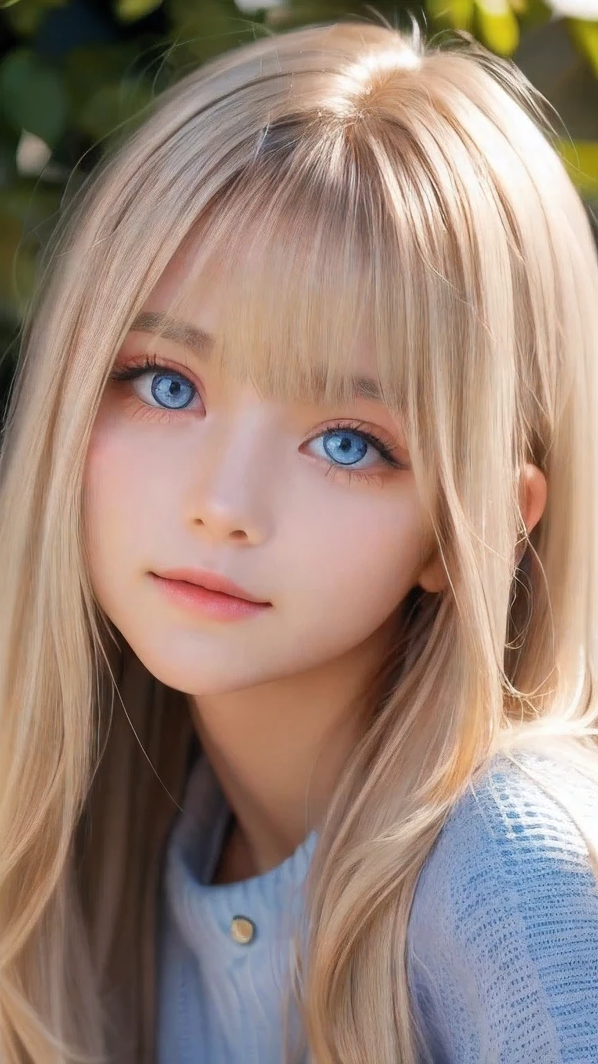 Very beautiful face、A beautiful blonde girl with a stunning beauty、Super Long Hair、windy silky blonde super long hair、Mysterious blonde、Swinging bangs that block the view、Cute sexy 16 year old blonde girl with light blue eyes、Hair above the eyes、片Hair above the eyes、Hair between the eyes、Big bright light blue eyes that shine so beautifully、eyeliner、Bright expression、Cheek gloss highlighter、Round face