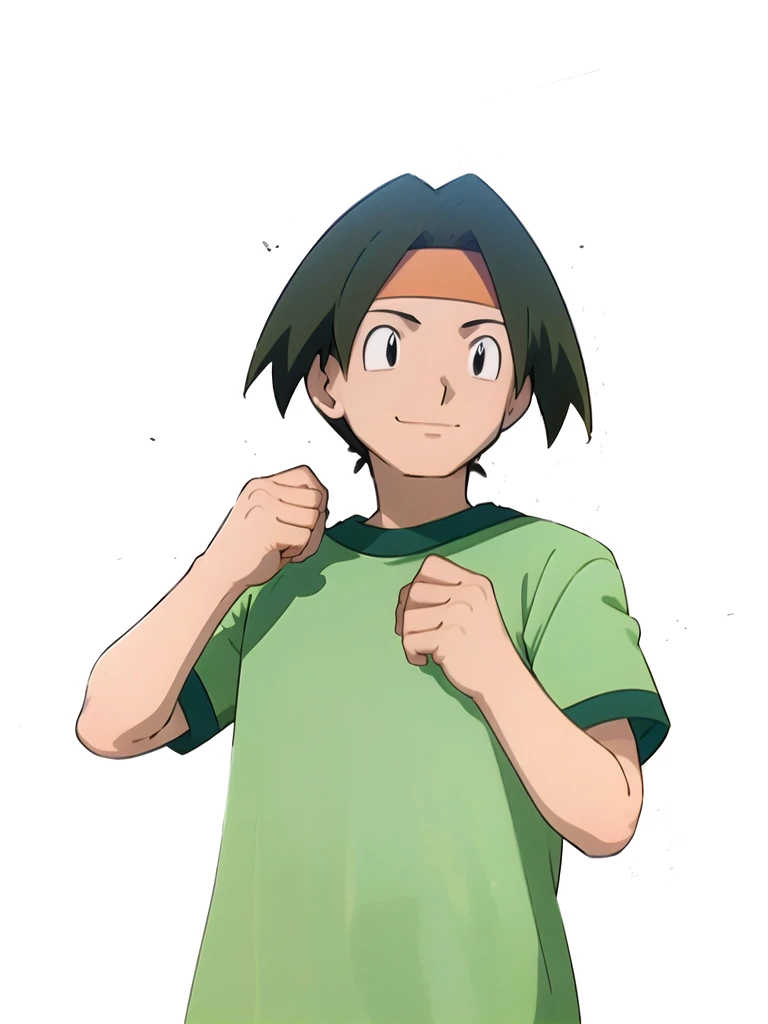 Tracey, solo, smile, shirt, 1boy, closed mouth, upper body, male focus, outdoors, sky, cloud, black eyes, green shirt, anime coloring