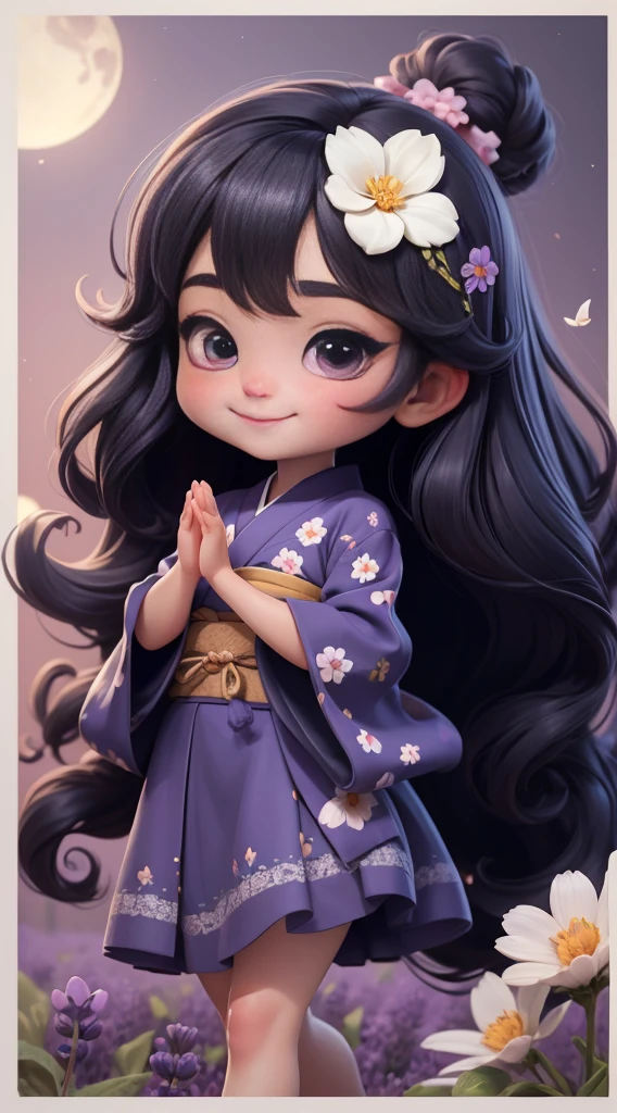 Create a baby chibi version of the Alice character in an 8K resolution. As a coloring book, the color should be black and white, the border should be simple, with the same line thickness, clear, and bold. A beautiful Asian girl with long, flowing black hair adorned with a delicate [lavender hair ornament] is strolling through the picturesque [lavender fields] of Furano, Hokkaido. She is wearing a stunning [kimono with lavender pattern], the vibrant purple colors contrasting with the vast expanse of blooming lavender. The girl's expression exudes a sense of tranquility and joy as she immerses herself in the beauty of the fragrant flowers, It's sunny, Detailed eyes, clear outlines, kawaii pose, A smile, Raise your right hand, Eye Up, Laugh, radiant light, Taken from the side. She should look adorable and cute. Give him a smiling expression and a sweet smile on his face, capturing the essence of the character in a delicate and charming way.